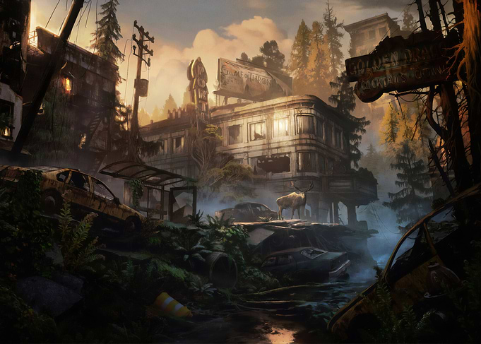Post-Apocalyptic Cityscape with Deer