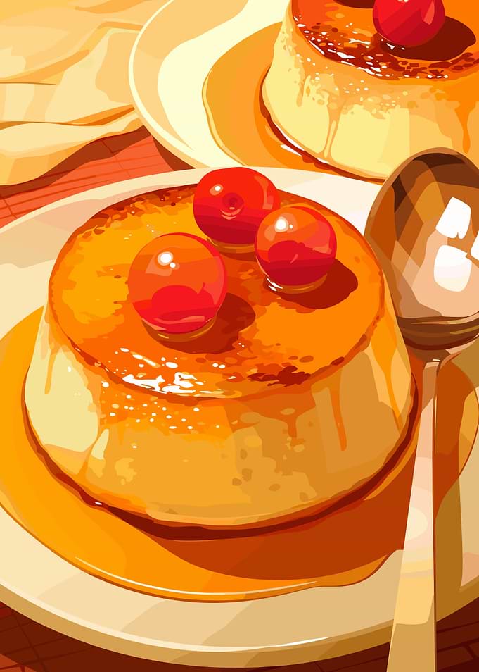 Delicious Flan Dessert with Cherries