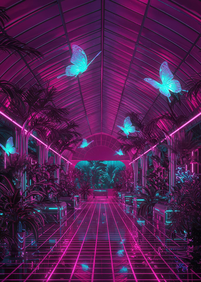 Neon Greenhouse with Butterflies