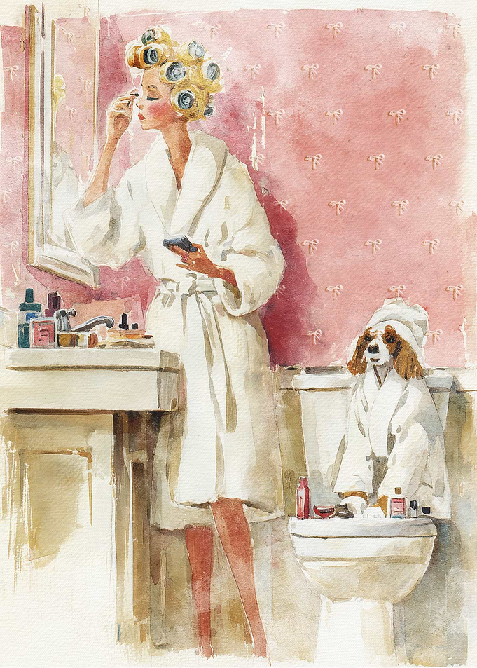 Woman and Dog in Bathroom Watercolor