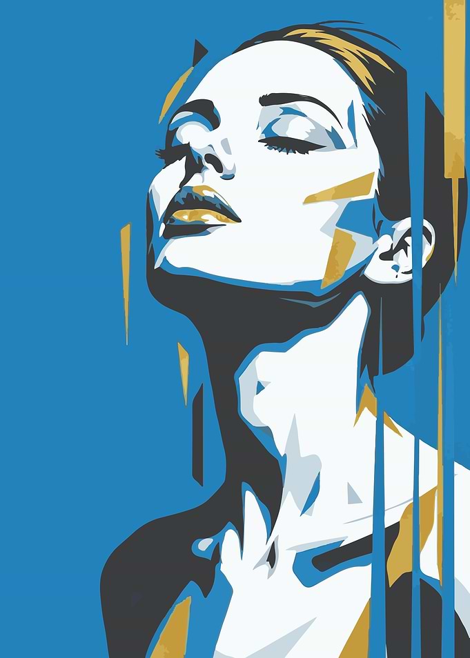 Abstract Woman Portrait in Blue and Gold