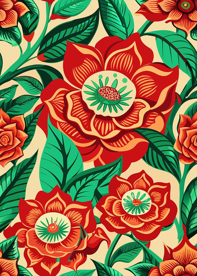 Floral Pattern with Red and Green
