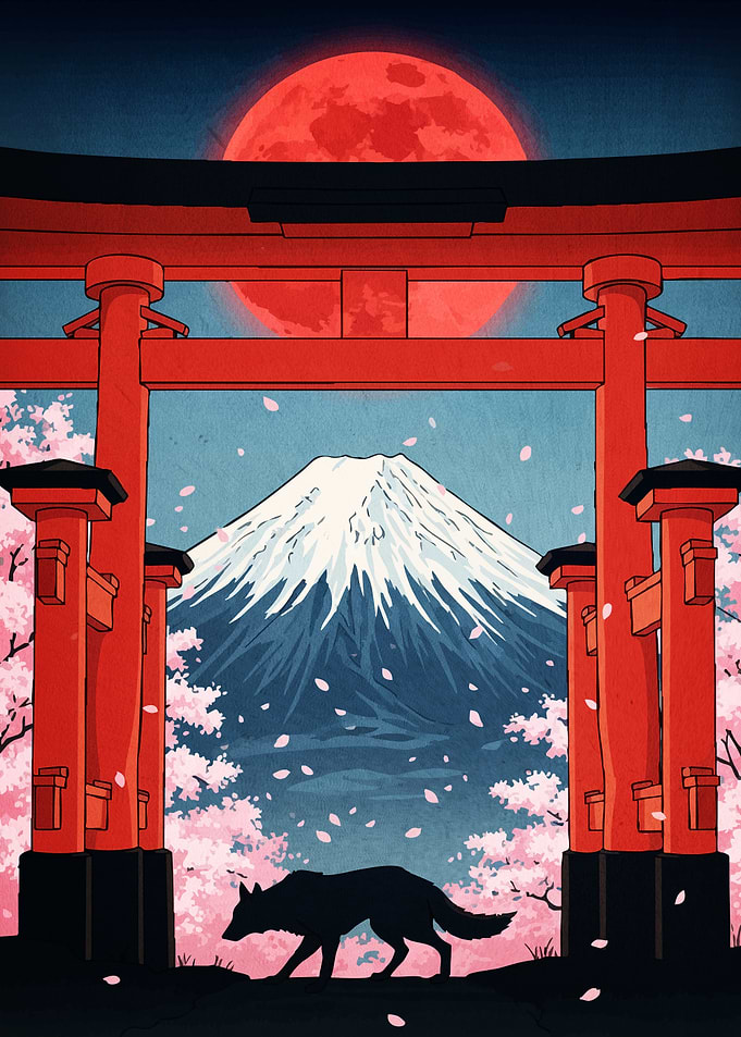 Japanese Landscape Torii Gate Wolf
