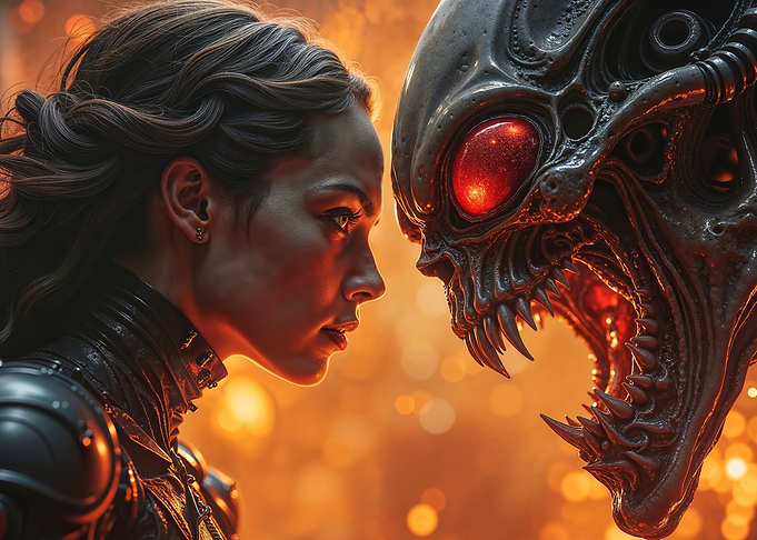 Woman Facing Alien Creature