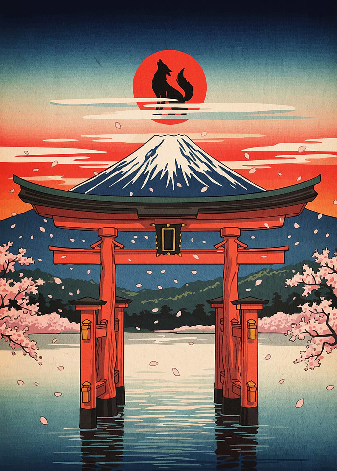 Japanese Landscape Torii Gate Wolf