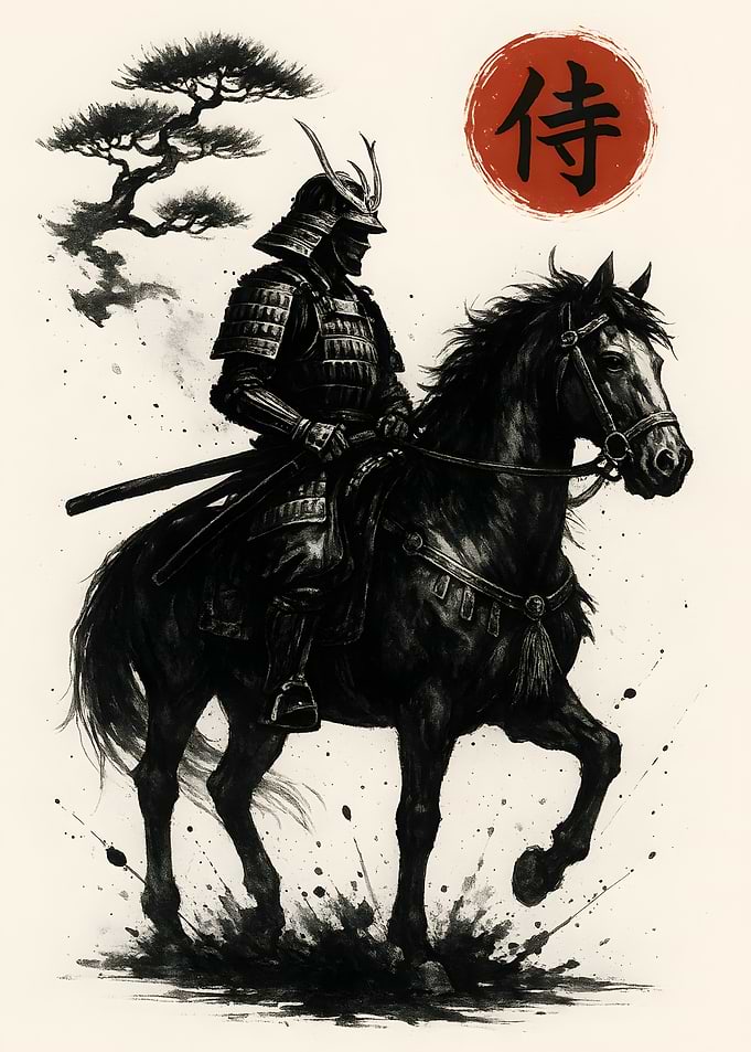 Samurai Warrior on Horseback Ink Painting