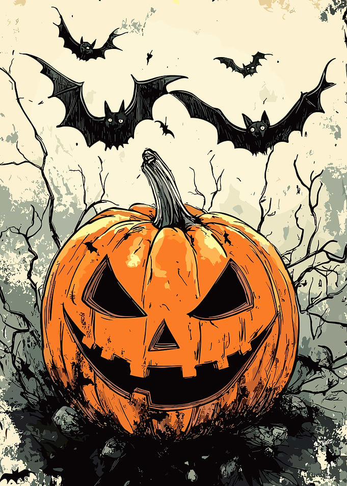 Halloween Pumpkin with Bats Illustration