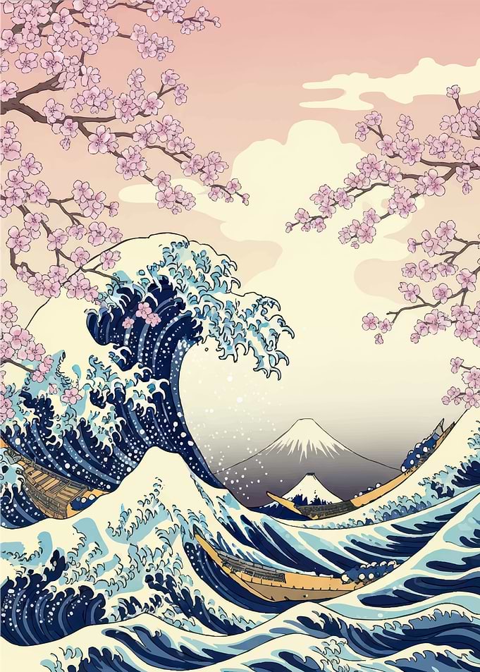 Great Wave with Cherry Blossoms