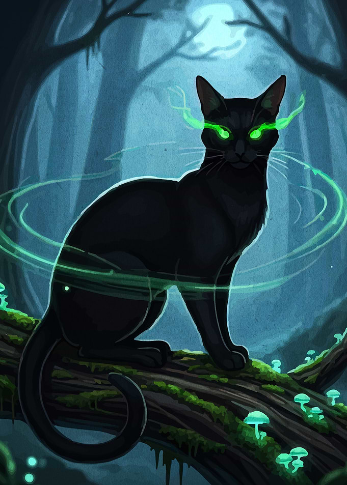 Mystical Black Cat in Enchanted Forest