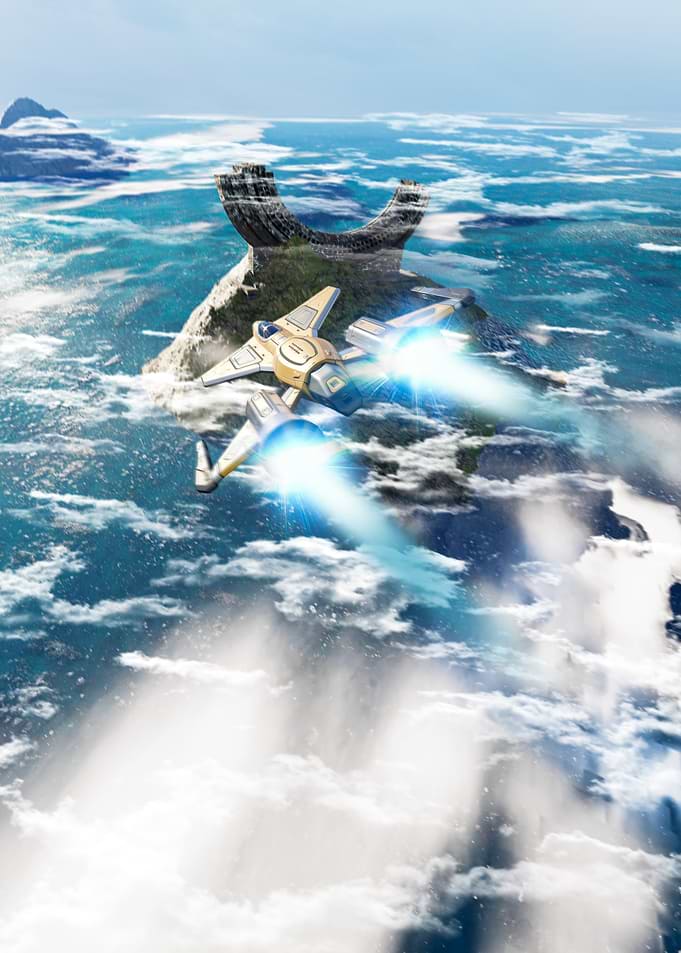 Futuristic Spaceship Flying Over Island