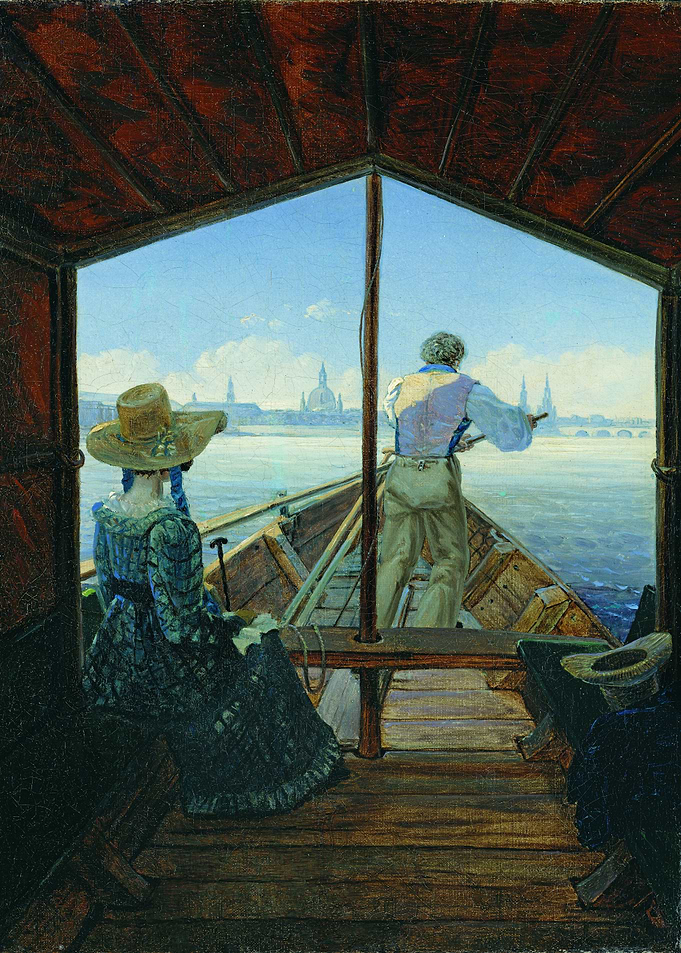 Rowboat Journey with City View Painting