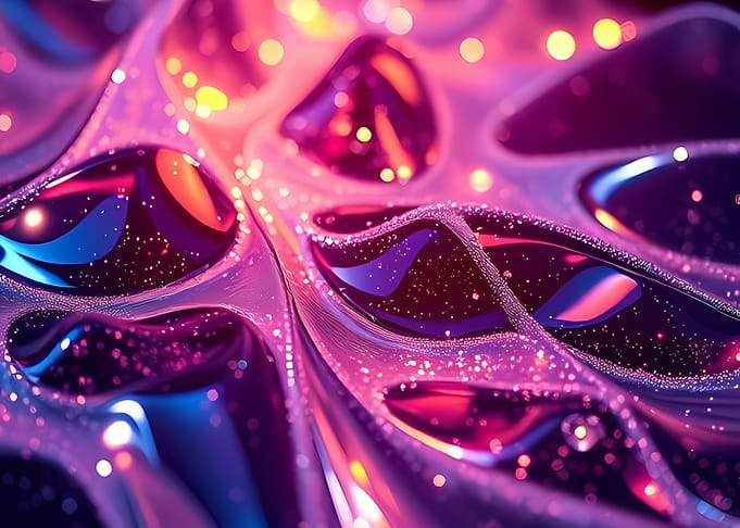 Neon Cellular Fluid with Glossy Pockets and Sparkling Particles