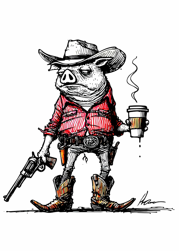 Cowboy Pig with Coffee and Gun