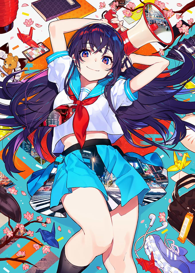 Anime Girl with Megaphone and Cityscape
