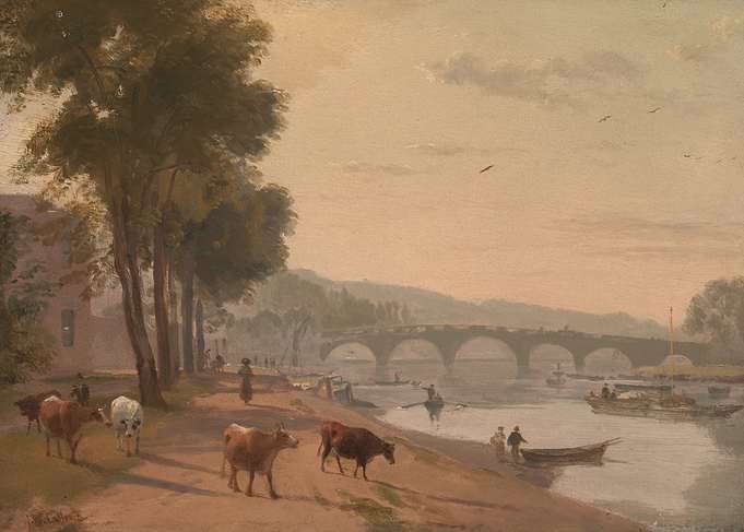 Pastoral River Scene with Cows and Bridge