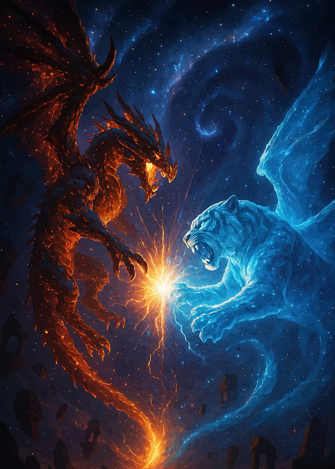 Dragon versus Tiger Fantasy Battle