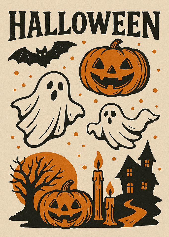 Retro Halloween Poster Illustration with Ghosts and Pumpkins