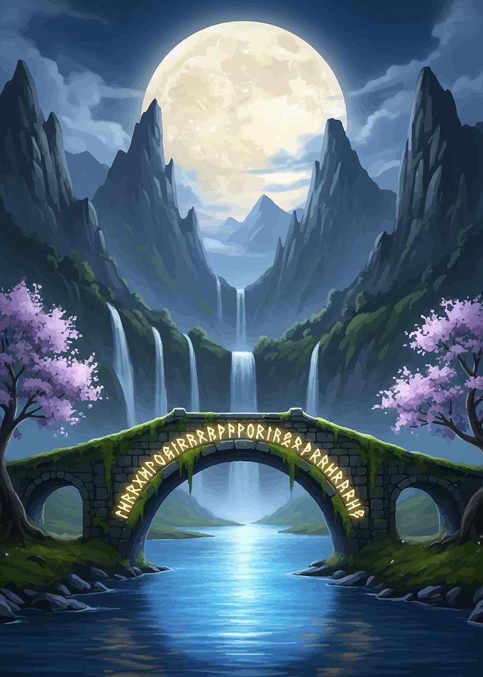 Fantasy Landscape with Bridge and Moon