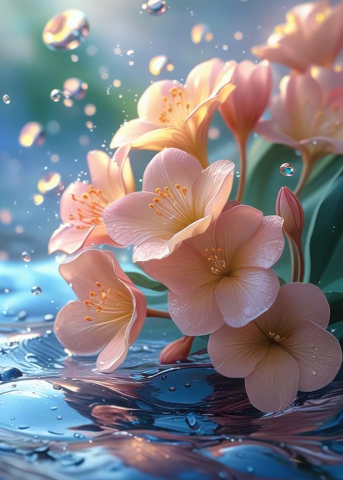 Peach Flowers in Water with Bubbles