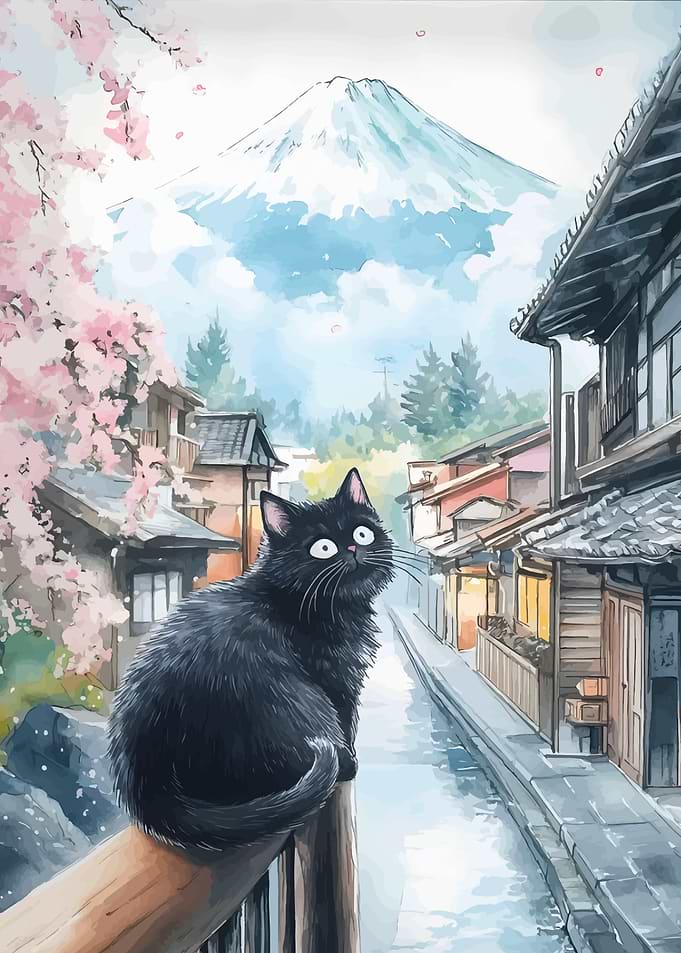 Black Cat in Japanese Village Watercolor