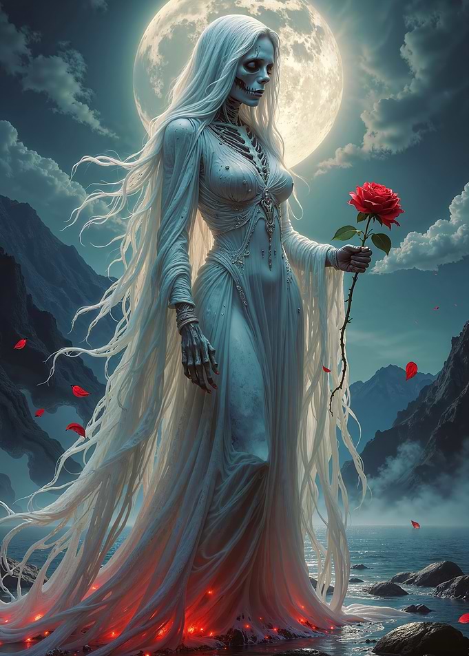 Skeletal Woman with Rose by Moonlight