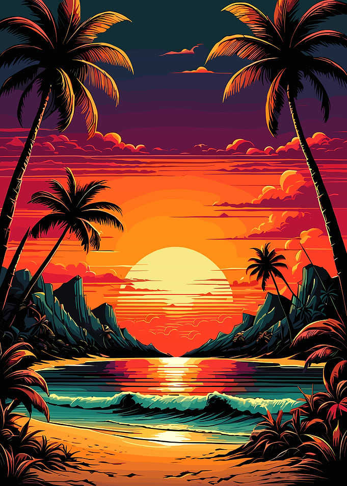 Tropical Beach Sunset with Palm Trees