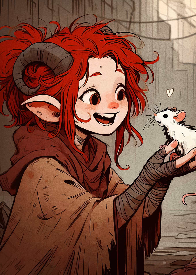 Smiling Tiefling Girl with White Mouse