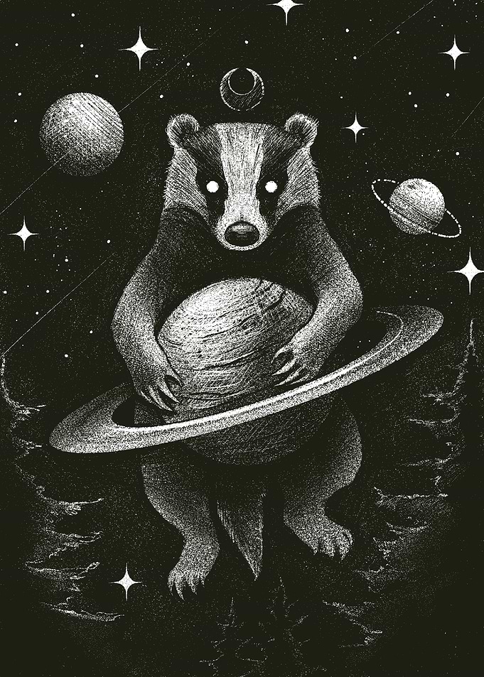 Cosmic Badger Holding a Planet
