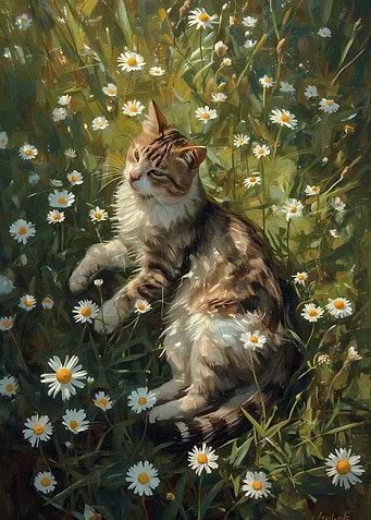 Cat in a field of daisies