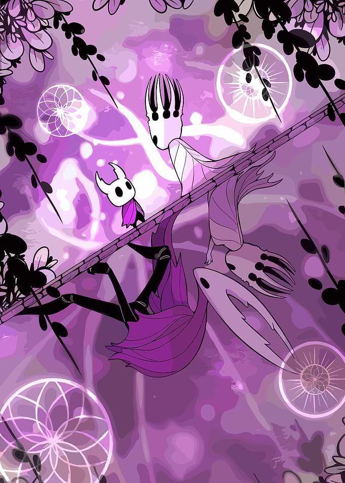 Hollow Knight characters in purple setting
