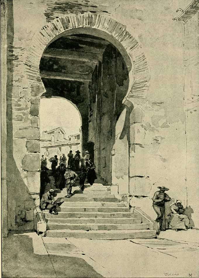 Arched Entrance with People on Steps in Spain