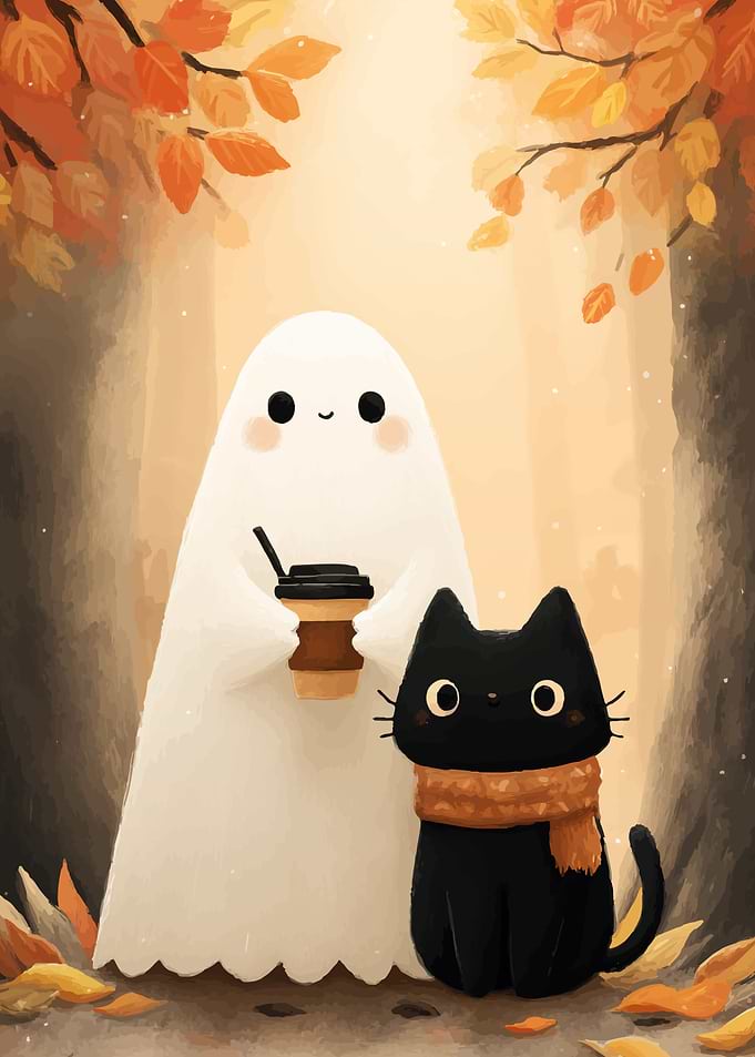 Cute Ghost and Cat Autumn Scene