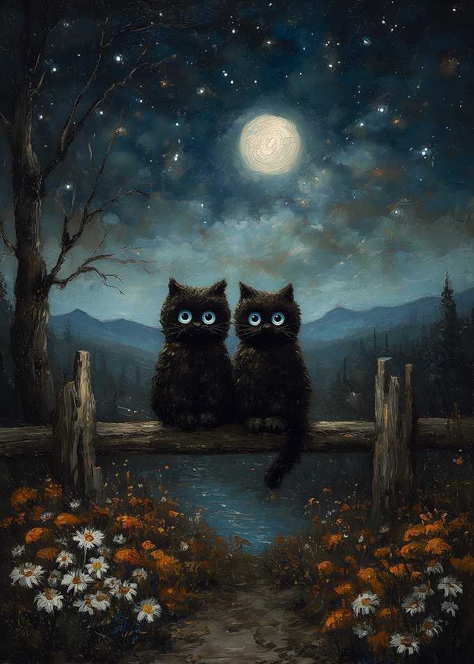 Two Black Cats Under Moonlight