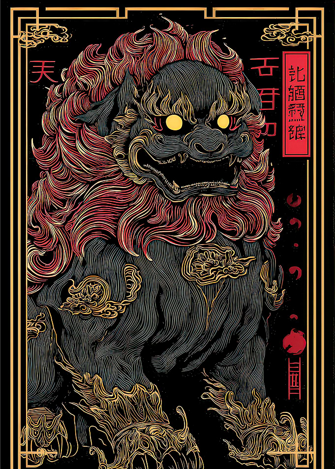 Guardian Lion Illustration with Asian Elements
