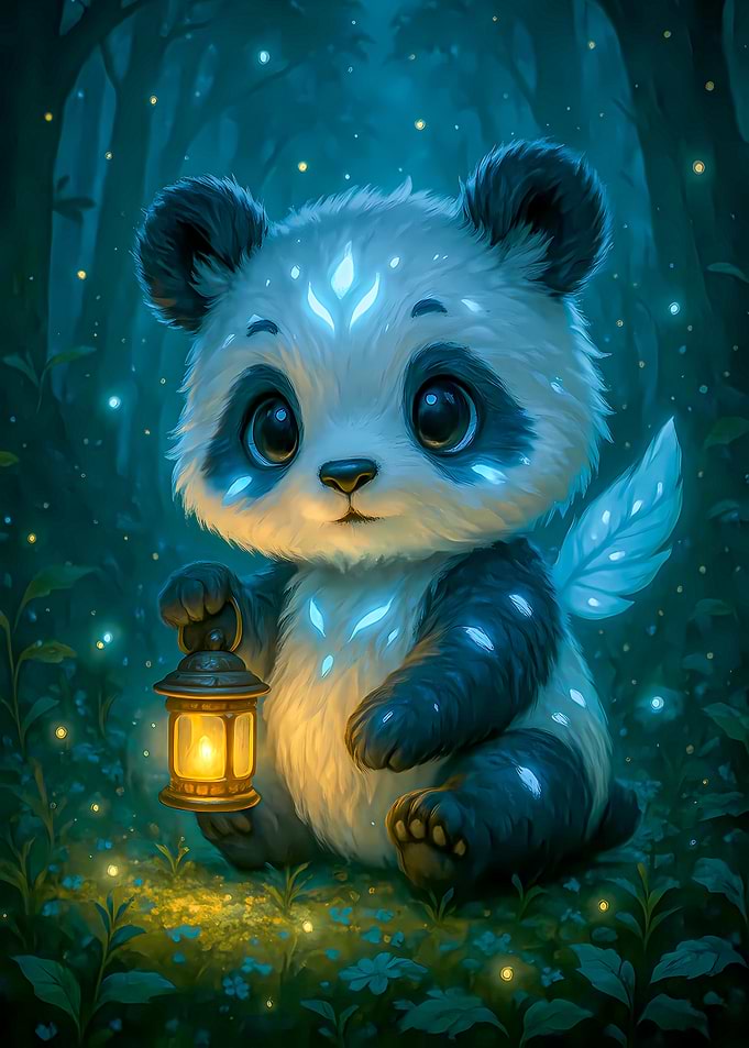 Cute Panda with Lantern in Forest