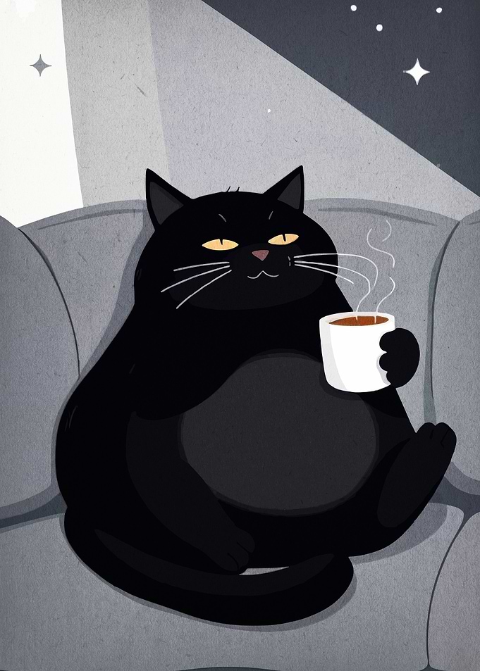 Relaxed Black Cat with Coffee