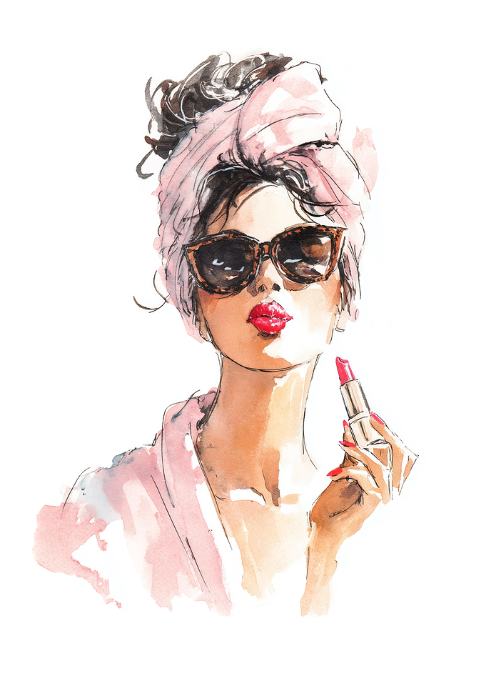 Watercolor Woman Applying Lipstick
