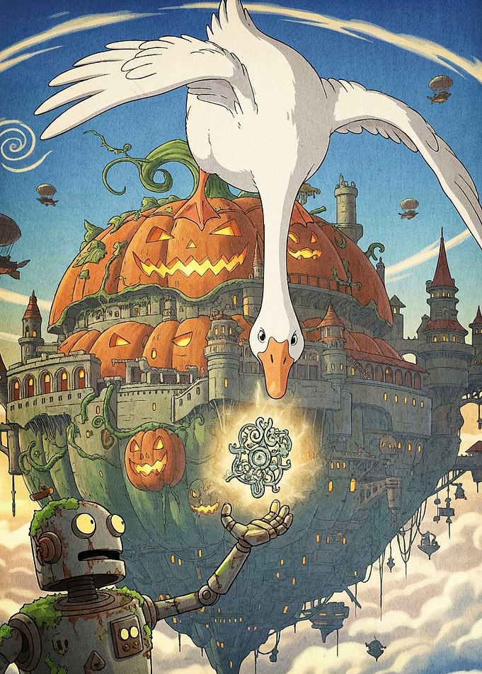 Fantasy Floating Pumpkin City Robot