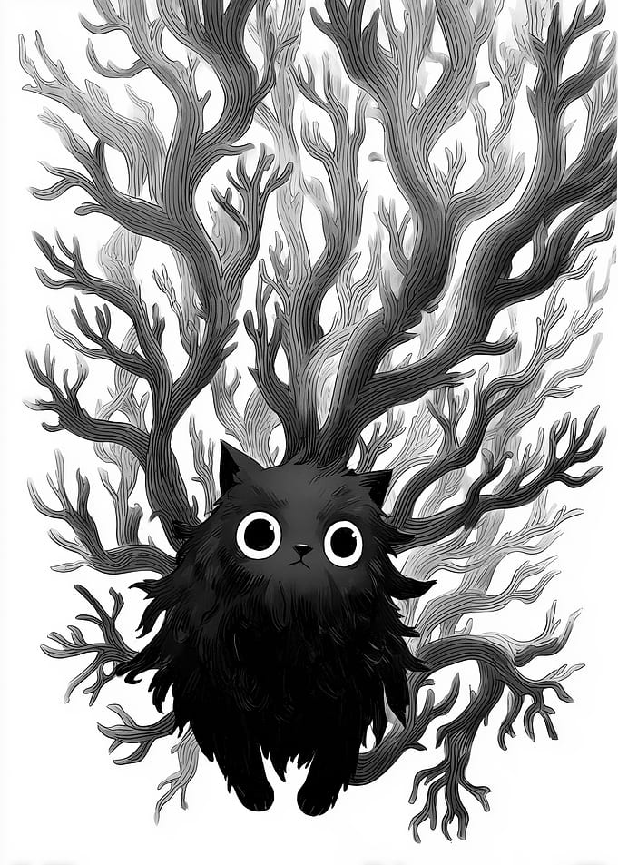 Black Cat with Tree Branch Crown