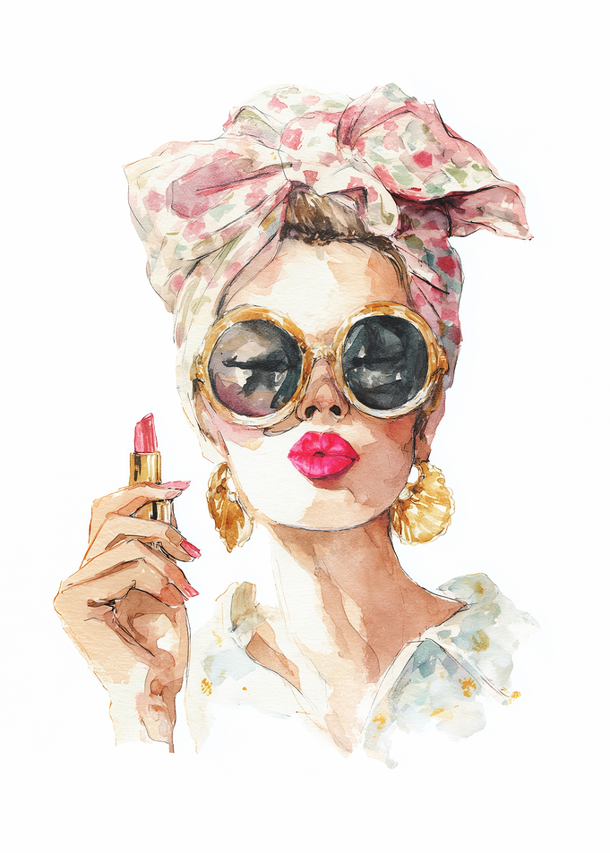 Watercolor Woman with Lipstick and Sunglasses