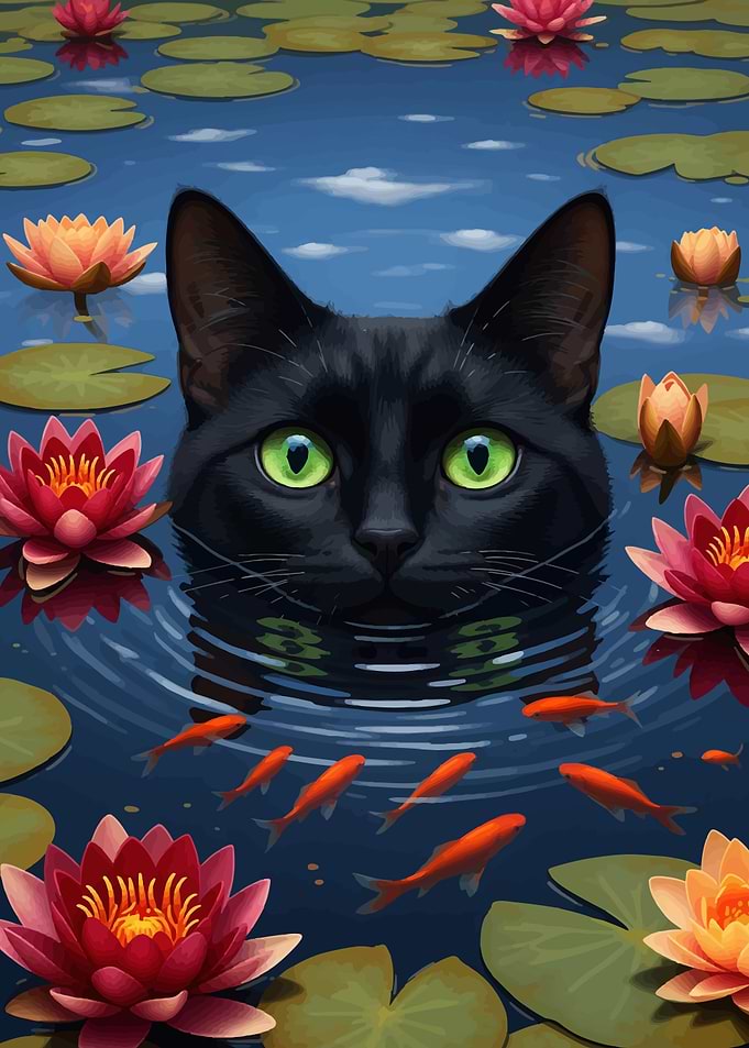 Black cat in a lily pond