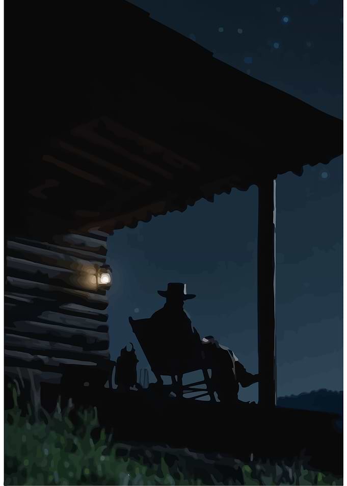 Night Porch Scene with Cowboy Silhouette
