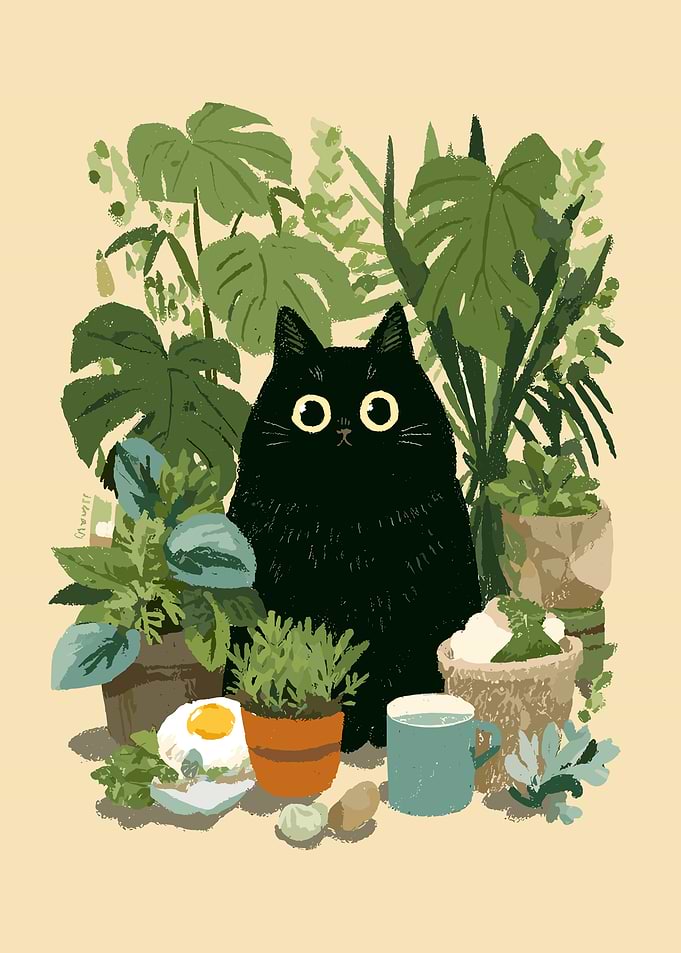 Black Cat Surrounded by Plants