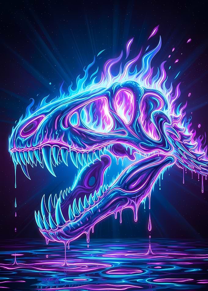 Neon Dinosaur Skull with Flames