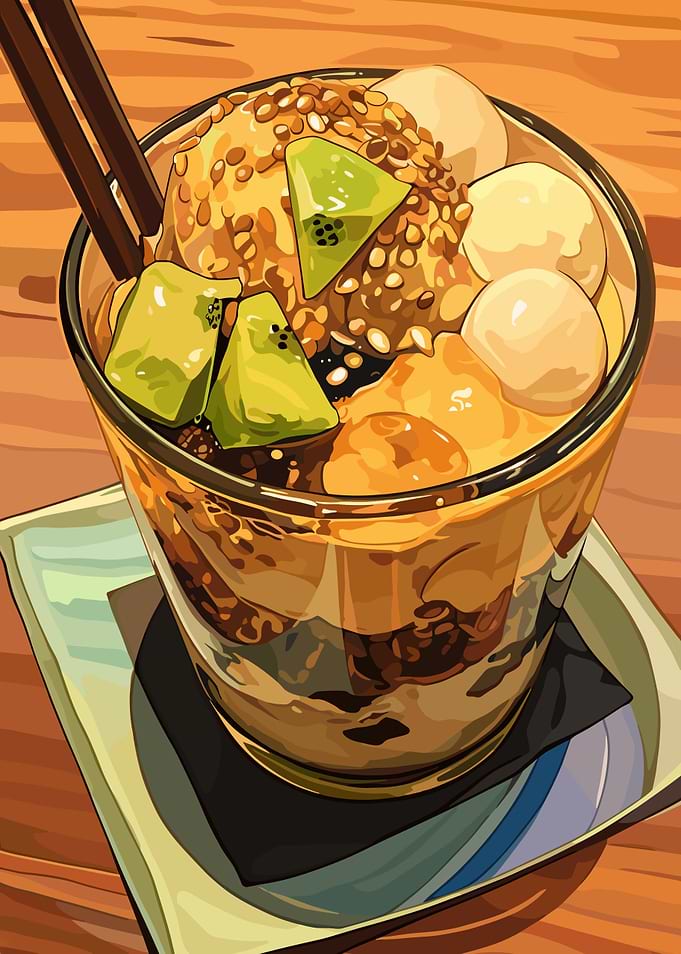 Japanese Dessert Parfait with Kiwi and Mochi