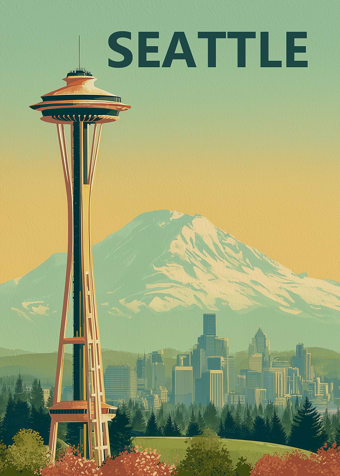 Seattle Travel Vintage Poster with Space Needle