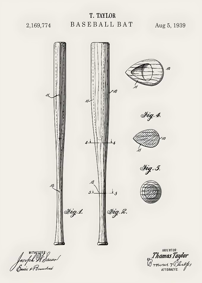 Baseball Bat Patent Drawing - 1939