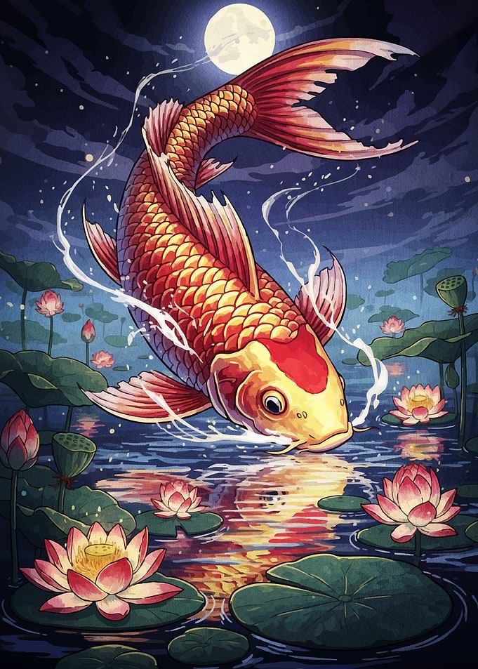 Koi Fish Lily Pond Night
