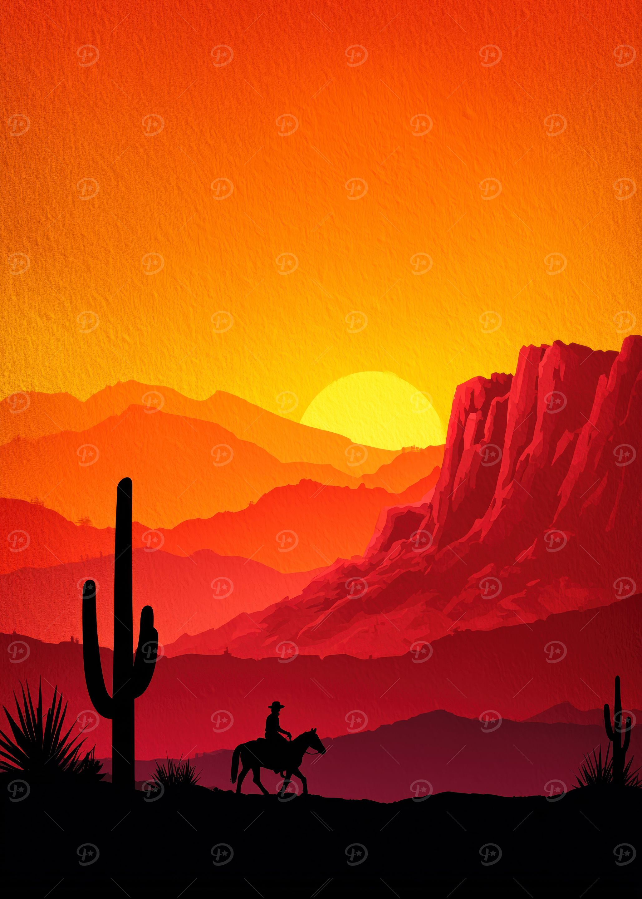 Western Landscape with Cowboy at Sunset