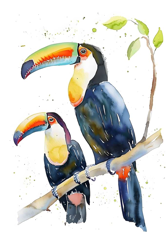 Watercolor Toucans on Branch